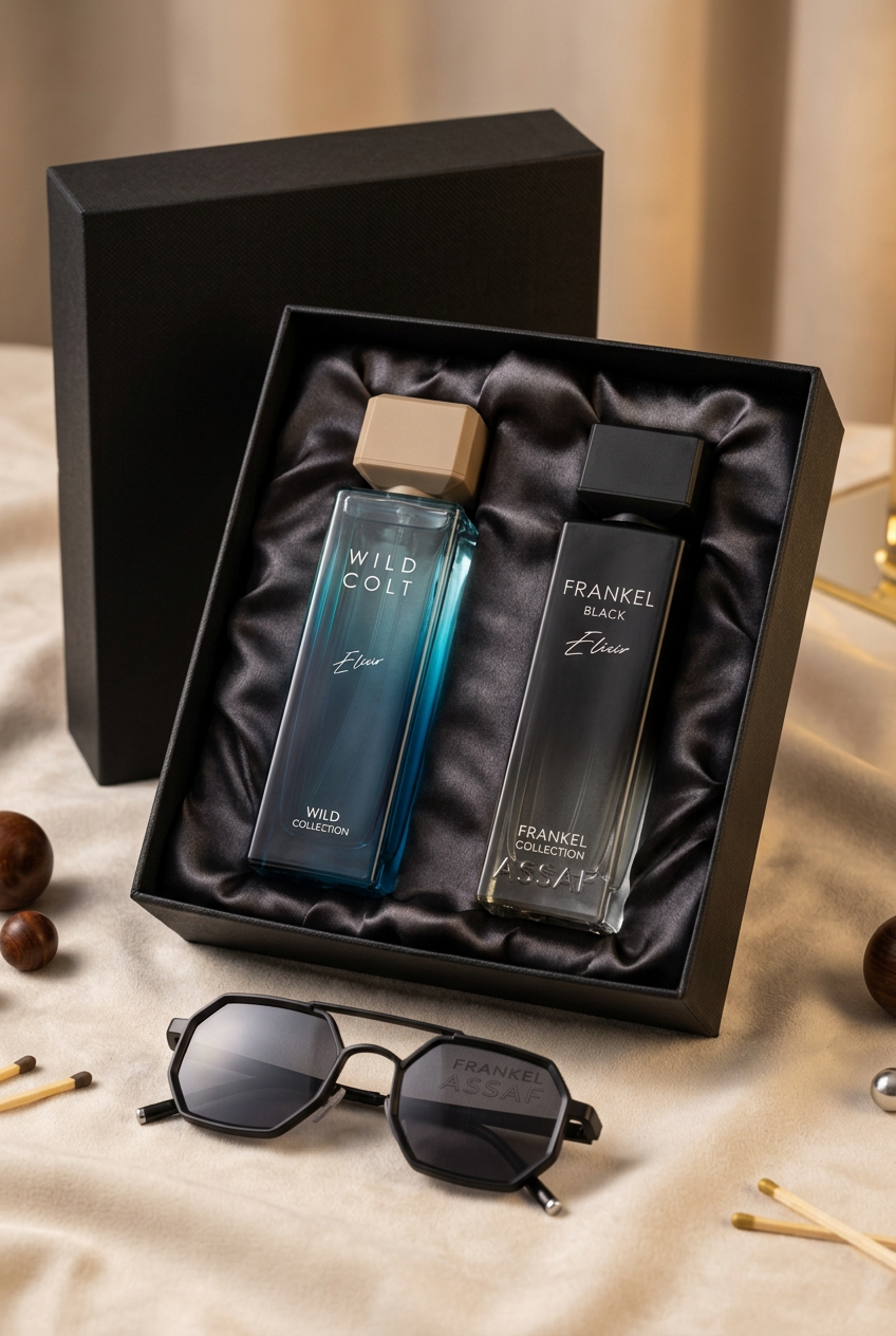 مجموعة العطور والنظارات داخل علبة إهداء سوداء فاخرة